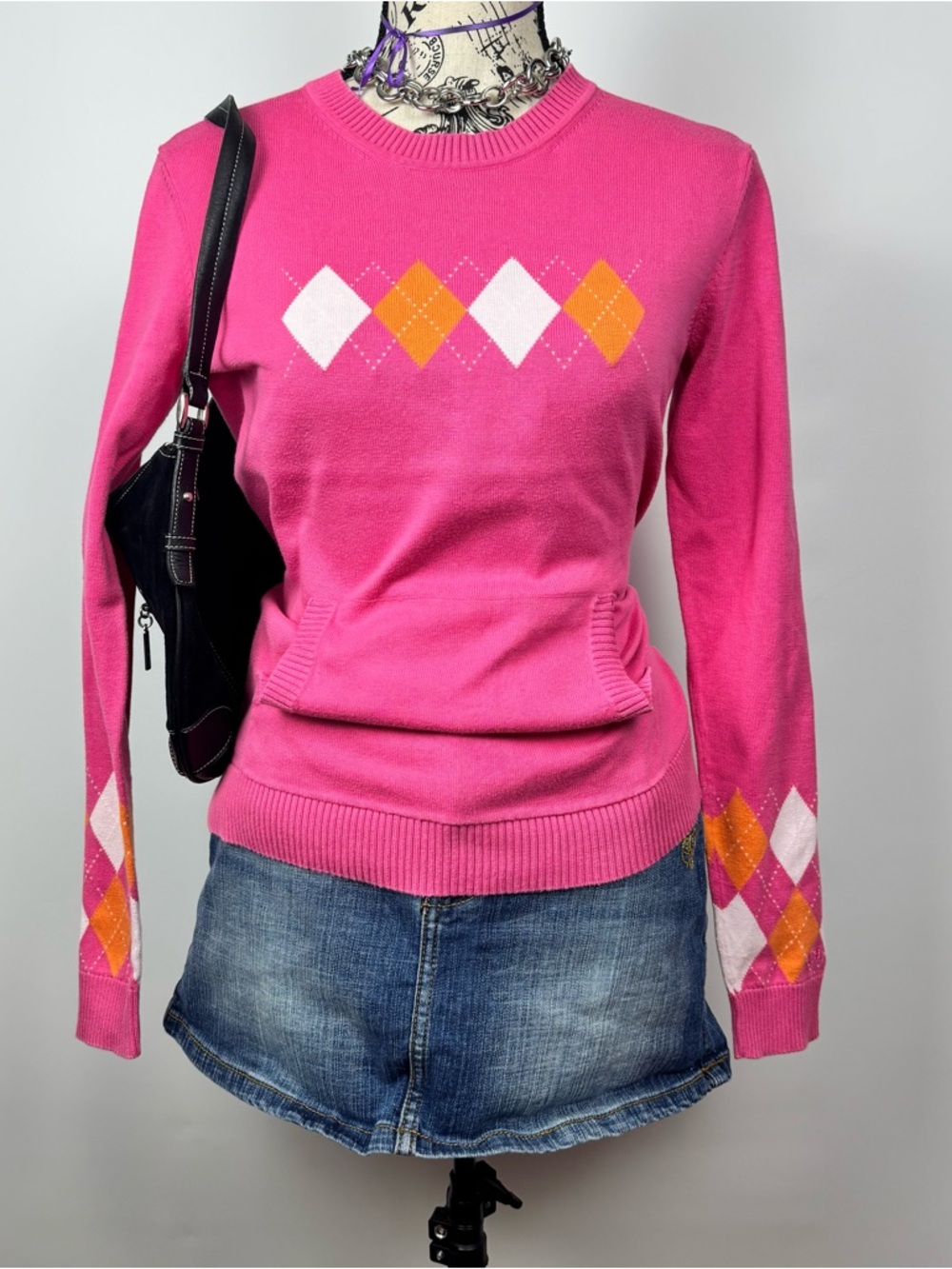 Tommy Hilfiger Hot Pink Argyle Crewneck Sweater
